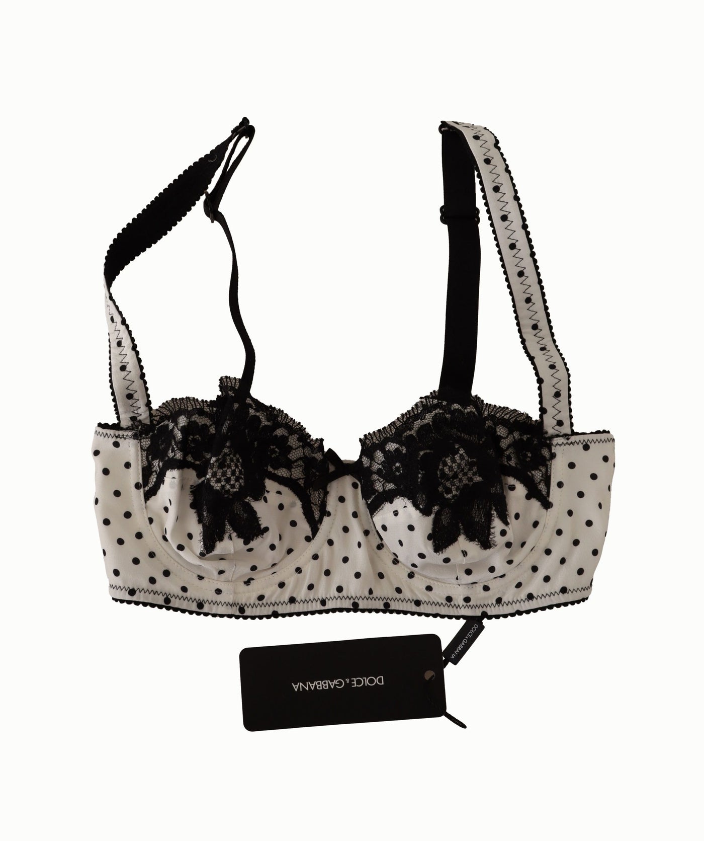 Dolce & Gabbana White Black Polka Dot Satin Lace Balconette Bra