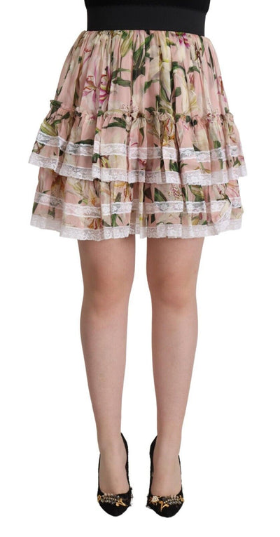 Dolce &amp; Gabbana roze lelieprint zijden mini-A-lijn rok