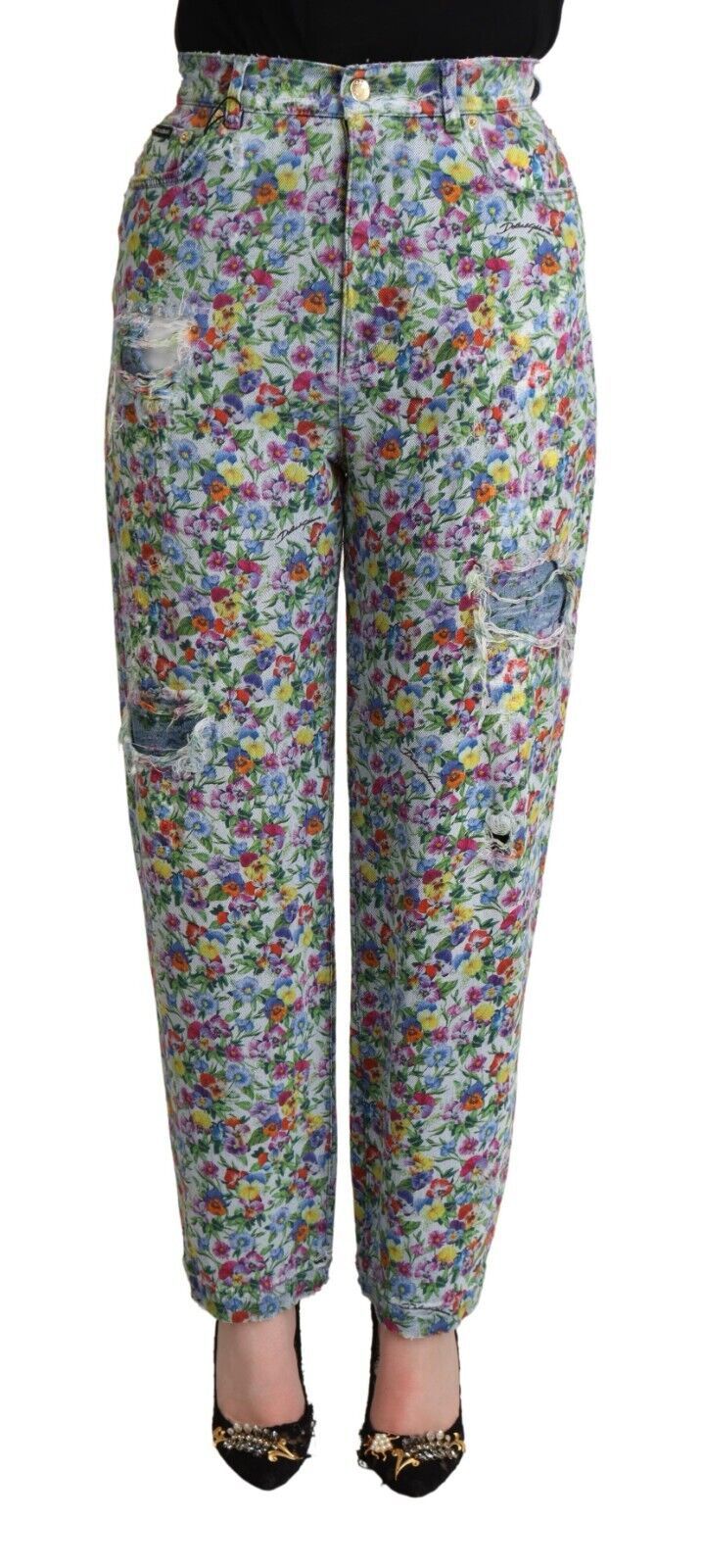 Dolce &amp; Gabbana blauwe bloemenprint hoge taille denim taps toelopende jeans
