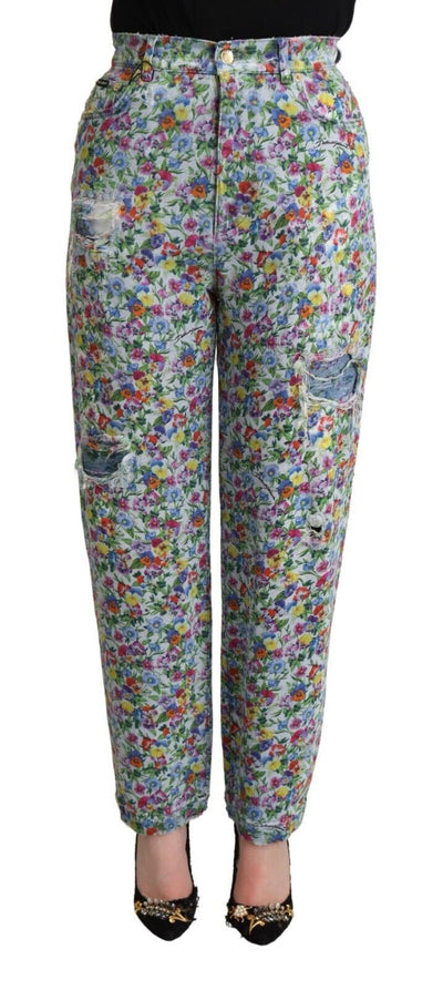 Dolce &amp; Gabbana blauwe bloemenprint hoge taille denim taps toelopende jeans