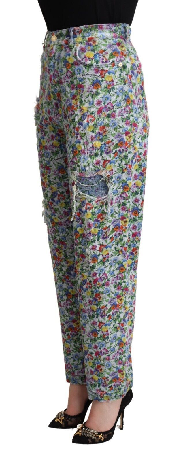 Dolce &amp; Gabbana blauwe bloemenprint hoge taille denim taps toelopende jeans