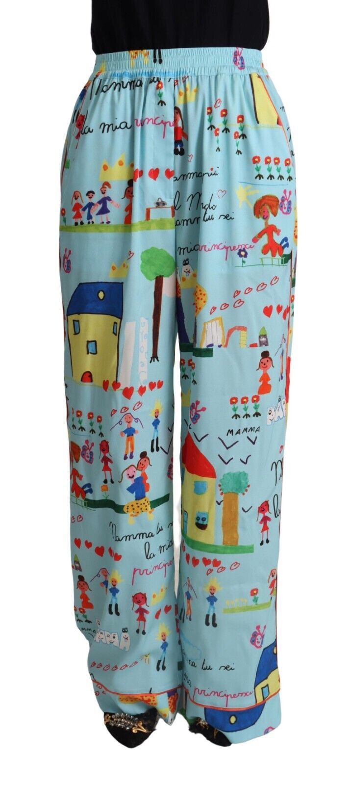 Dolce &amp; Gabbana lichtblauwe tekeningbroek met wijde pijpen en middelhoge taille