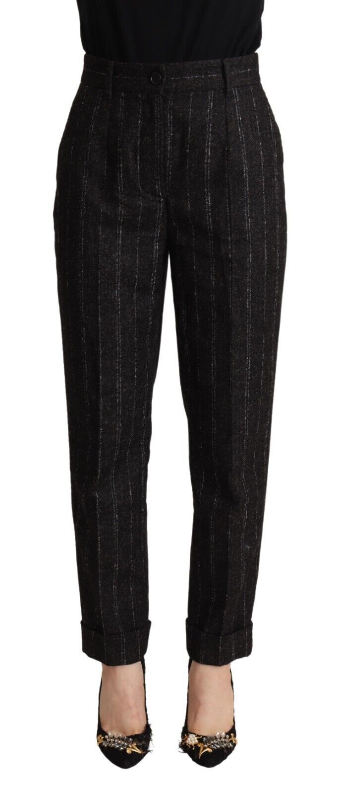 Dolce &amp; Gabbana Zwarte Gestreepte Hoge Taille Taps Toelopende Broek