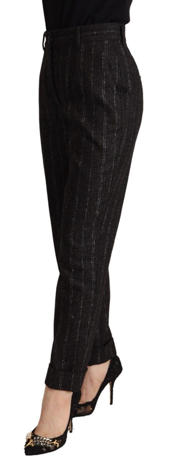 Dolce &amp; Gabbana Zwarte Gestreepte Hoge Taille Taps Toelopende Broek