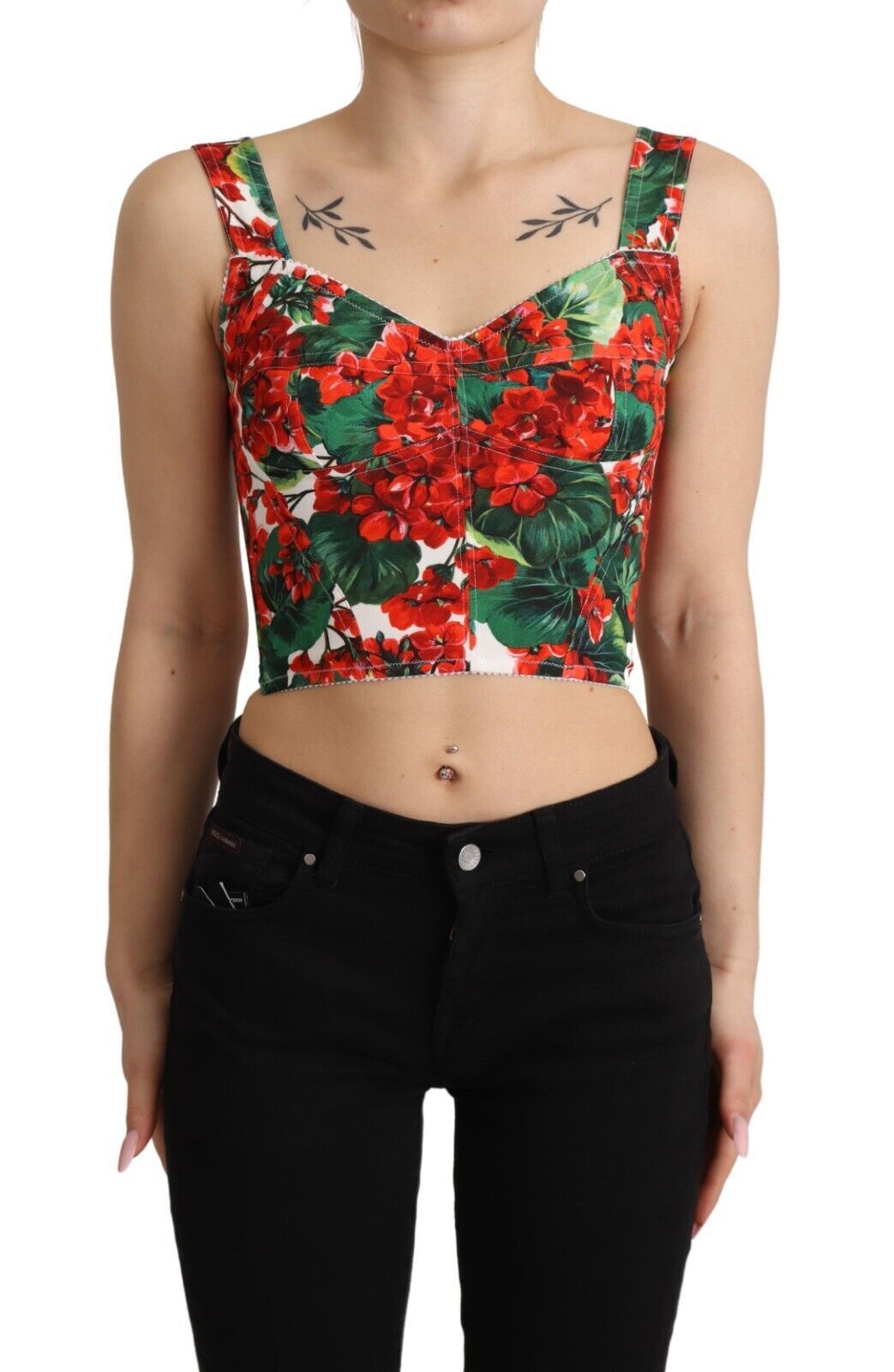 Dolce &amp; Gabbana Rode Geranium Print Viscose Sweetheart Cropped Top