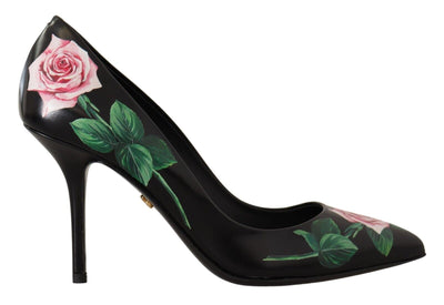 Dolce &amp; Gabbana Zwarte Leren Rozen Hoge Hakken Pumps Schoenen