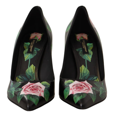 Dolce &amp; Gabbana Zwarte Leren Rozen Hoge Hakken Pumps Schoenen