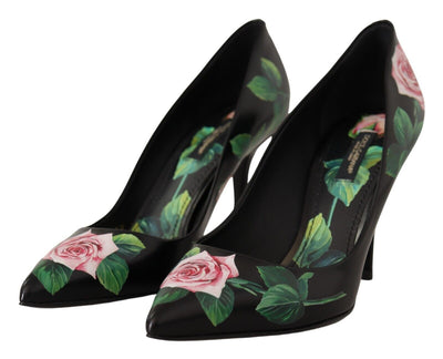 Dolce &amp; Gabbana Zwarte Leren Rozen Hoge Hakken Pumps Schoenen