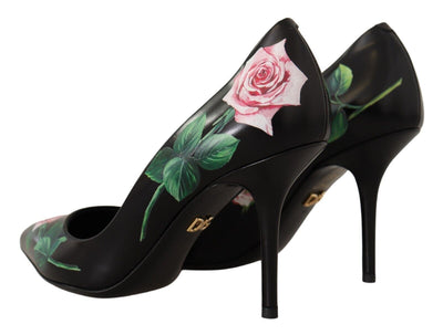 Dolce &amp; Gabbana Zwarte Leren Rozen Hoge Hakken Pumps Schoenen