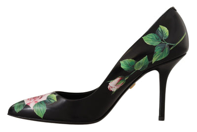 Dolce &amp; Gabbana Zwarte Leren Rozen Hoge Hakken Pumps Schoenen