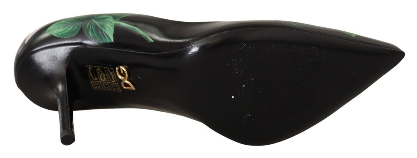 Dolce &amp; Gabbana Zwarte Leren Rozen Hoge Hakken Pumps Schoenen