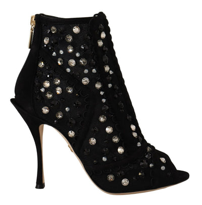 Dolce &amp; Gabbana Zwarte Kristallen Hakken Rits Korte Laarzen Schoenen