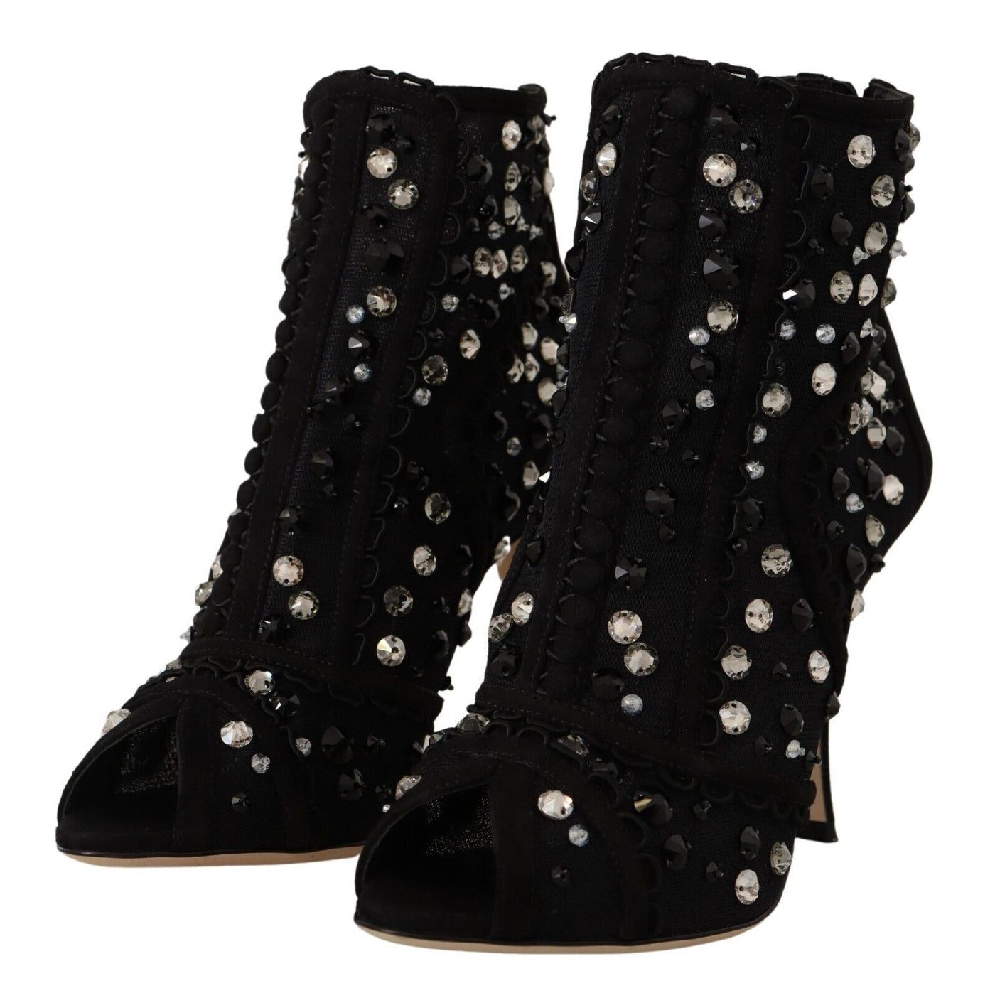 Dolce &amp; Gabbana Zwarte Kristallen Hakken Rits Korte Laarzen Schoenen