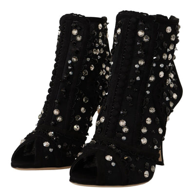 Dolce &amp; Gabbana Zwarte Kristallen Hakken Rits Korte Laarzen Schoenen