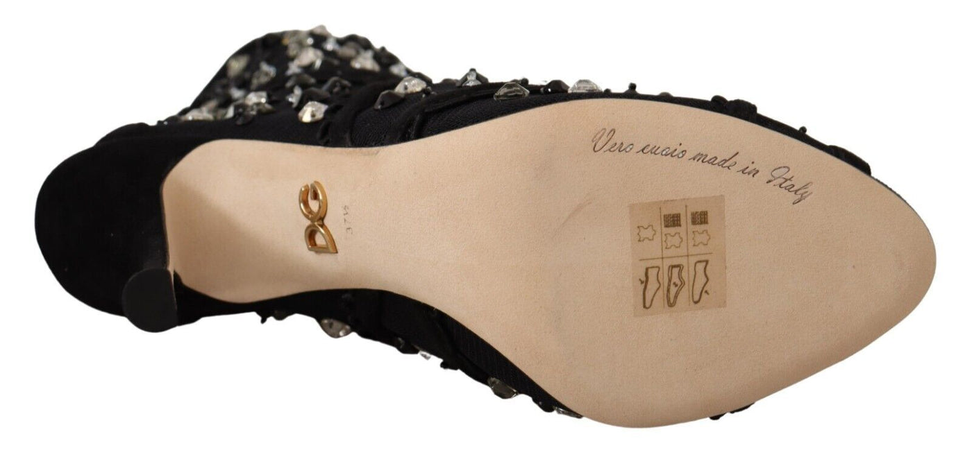 Dolce &amp; Gabbana Zwarte Kristallen Hakken Rits Korte Laarzen Schoenen