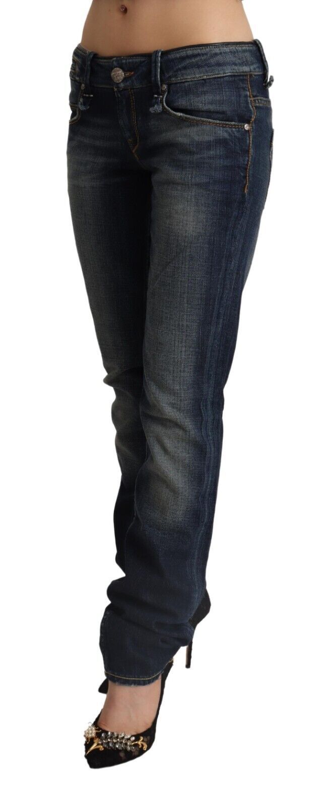 Jean skinny taille basse en coton délavé bleu foncé Acht