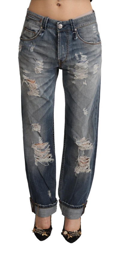 Jean droit taille moyenne en denim bleu déchiré en coton