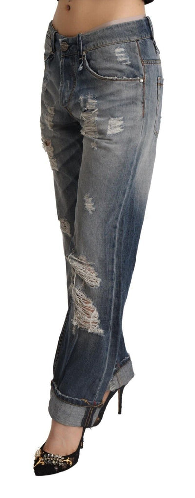 Jean droit taille moyenne en denim bleu déchiré en coton