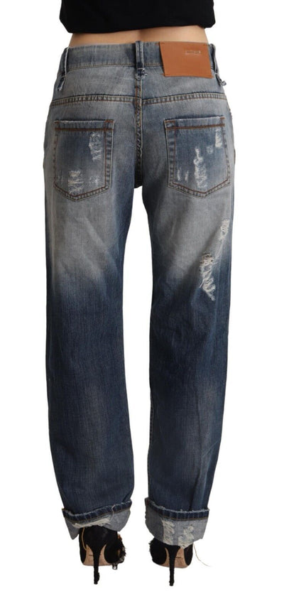 Jean droit taille moyenne en denim bleu déchiré en coton