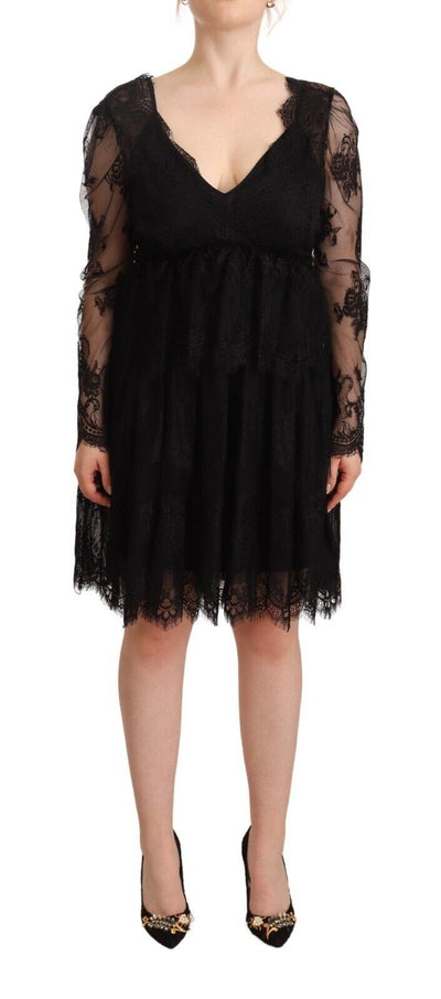 Robe droite en coton à manches longues et col en V en dentelle florale noire Aniye By