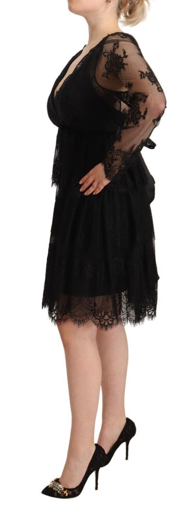 Robe droite en coton à manches longues et col en V en dentelle florale noire Aniye By