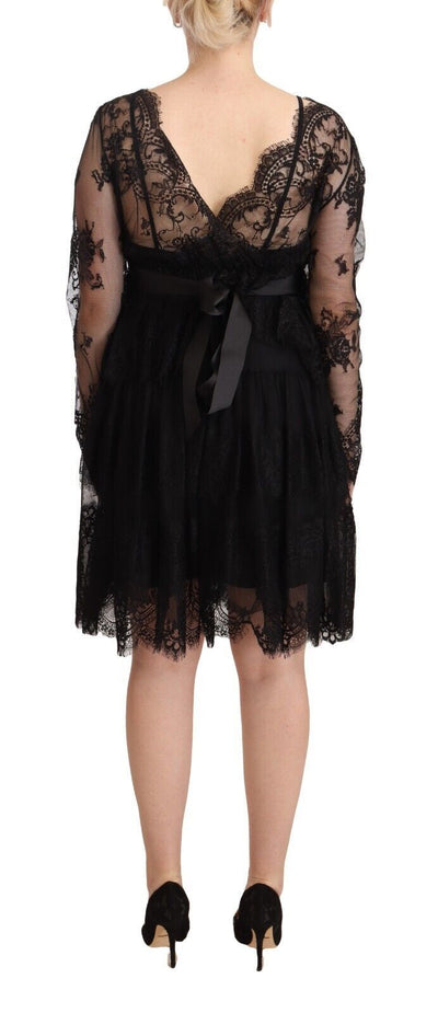 Robe droite en coton à manches longues et col en V en dentelle florale noire Aniye By