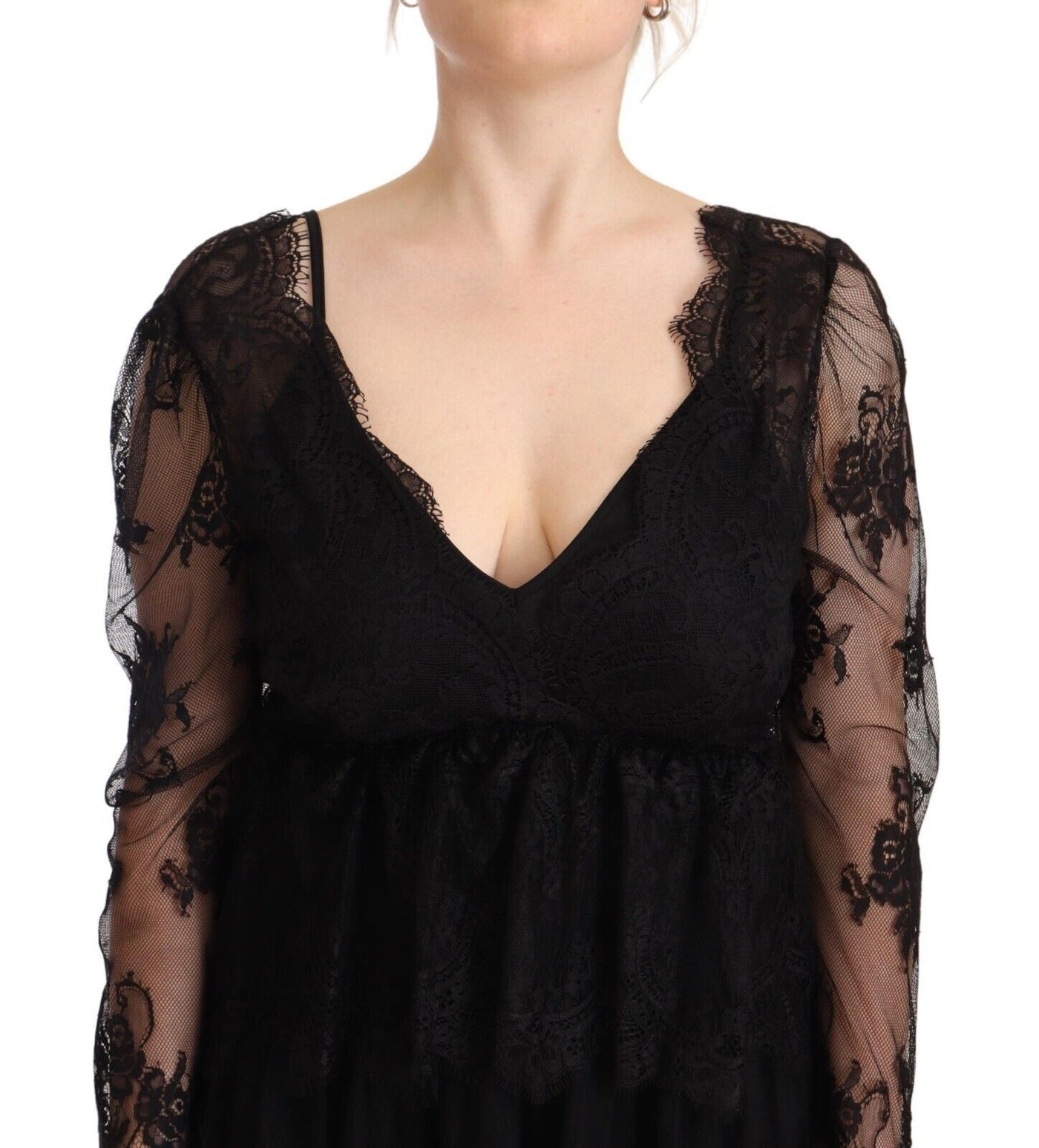 Robe droite en coton à manches longues et col en V en dentelle florale noire Aniye By