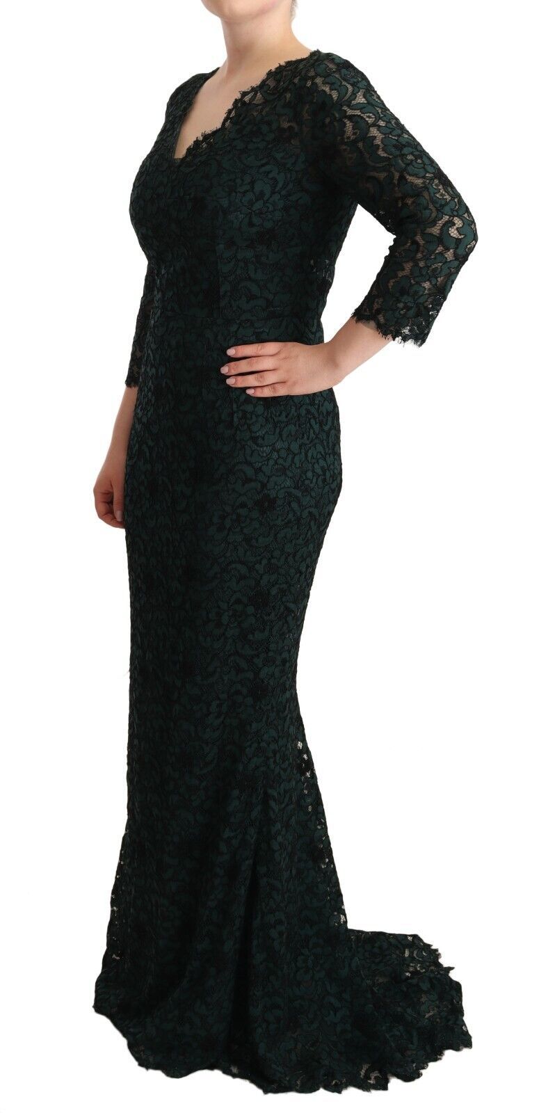 Robe longue en dentelle florale verte Dolce &amp; Gabbana
