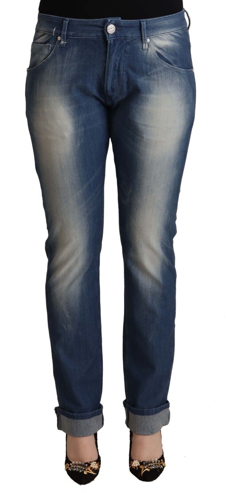 Jean skinny bleu délavé taille moyenne avec ourlet replié