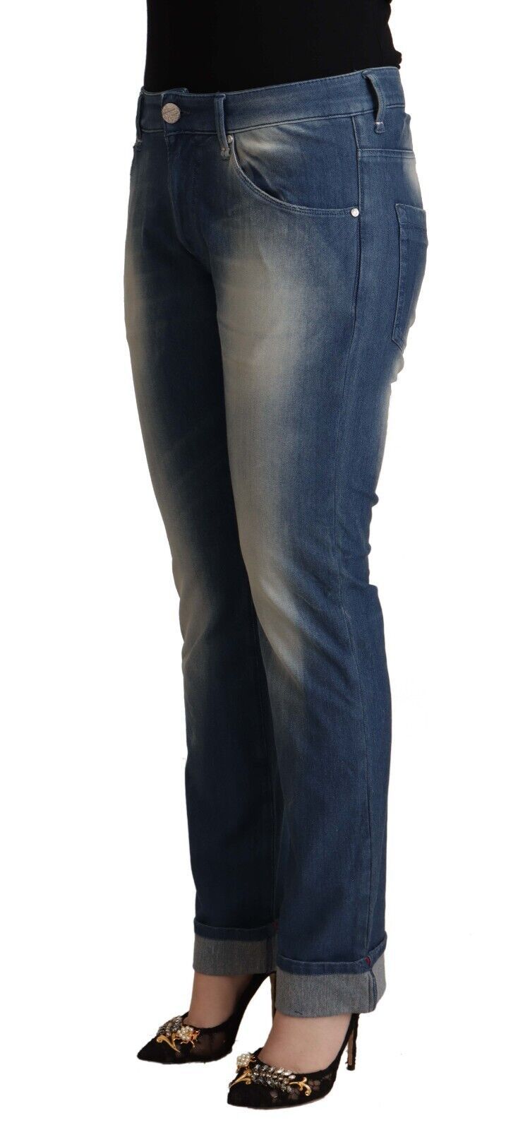 Jean skinny bleu délavé taille moyenne avec ourlet replié