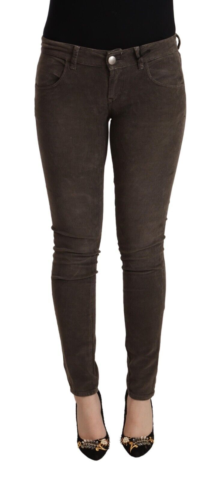Acht Bruine Katoenen Slim Fit Denim Lage Taille Jeans