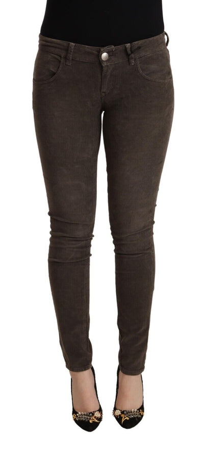 Acht Bruine Katoenen Slim Fit Denim Lage Taille Jeans