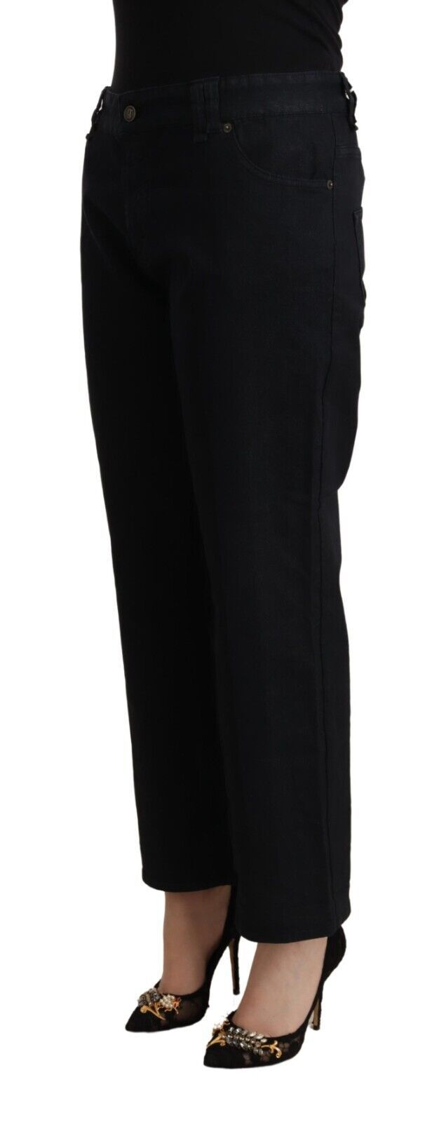 Jean évasé court taille haute en coton noir John Galliano