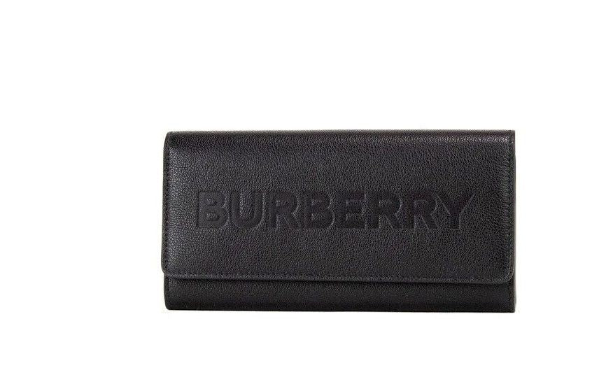 Burberry Porter Zwarte portemonnee met klep en logo van gegreineerd leer