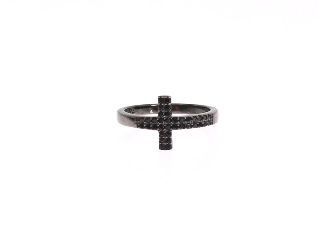 Nialaya Zwarte CZ Kruis Rhodium 925 Ring