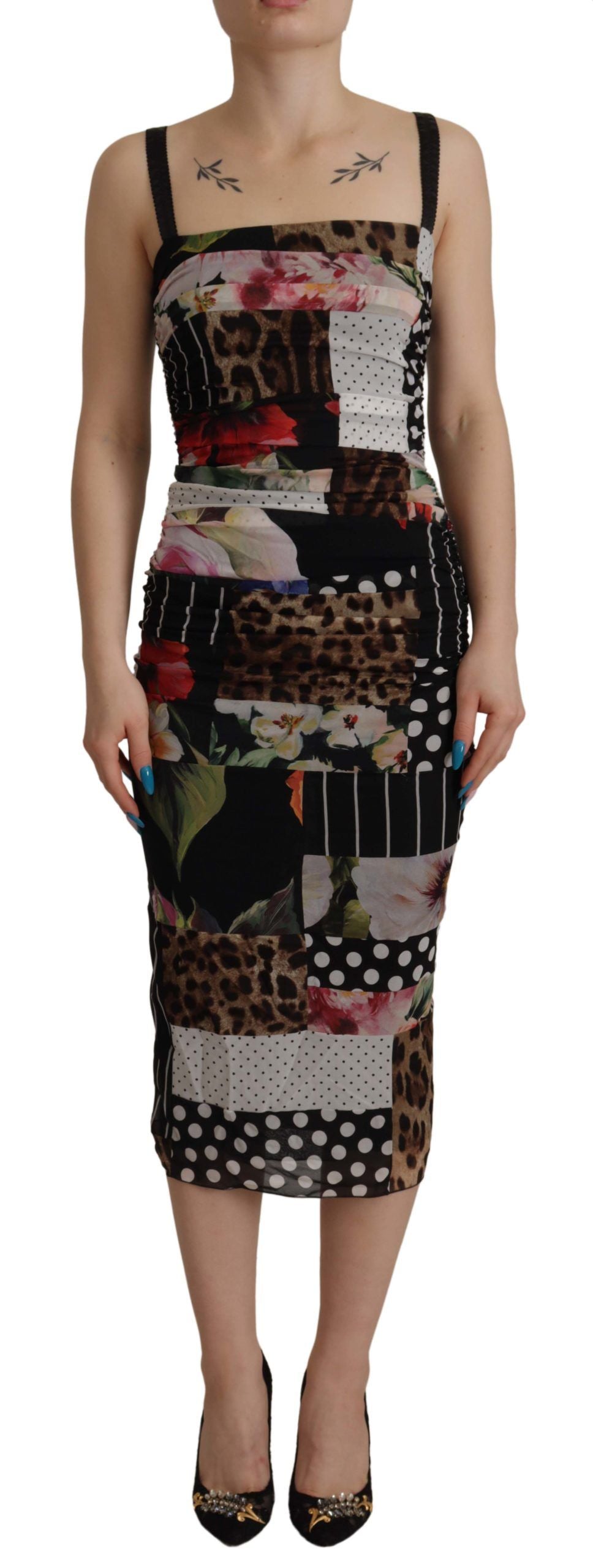 Robe moulante mi-longue en soie à imprimé léopard et à fleurs multicolores Dolce &amp; Gabbana
