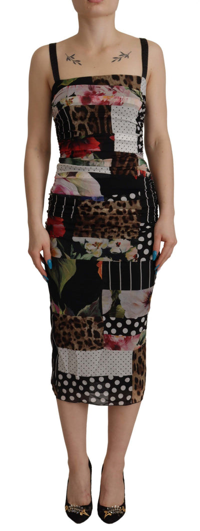 Robe moulante mi-longue en soie à imprimé léopard et à fleurs multicolores Dolce &amp; Gabbana