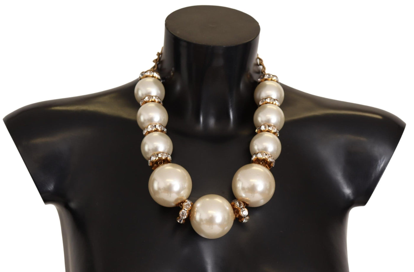 Dolce & Gabbana Gold Brass White Maxi Faux Pearl Beads Crystals Necklace