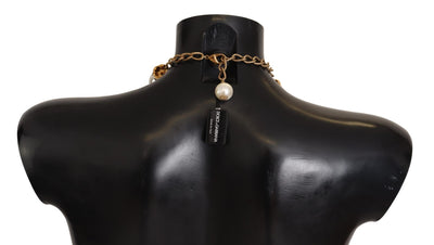 Dolce & Gabbana Gold Brass White Maxi Faux Pearl Beads Crystals Necklace