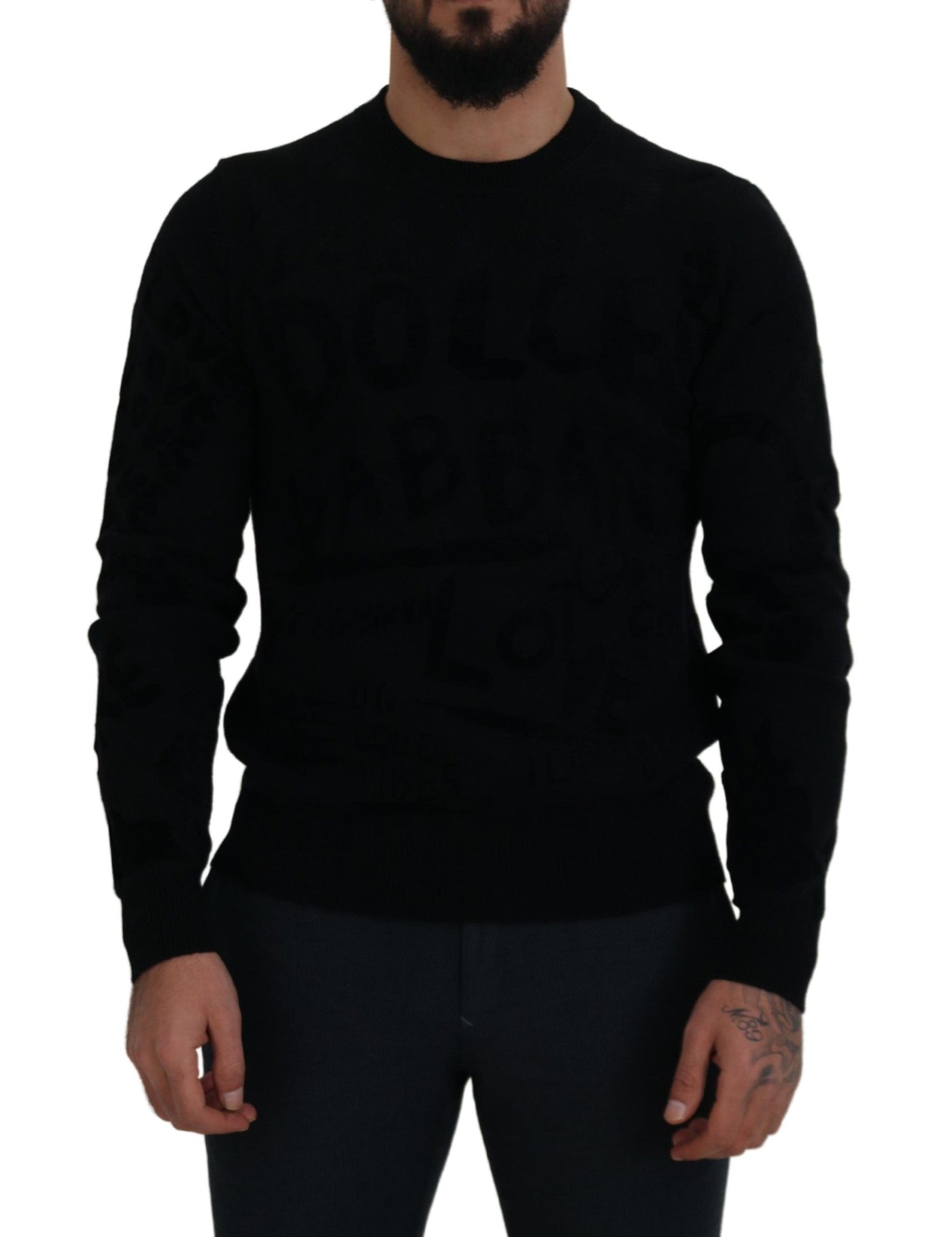 Dolce &amp; Gabbana zwarte wollen trui met ronde hals en logopatroon
