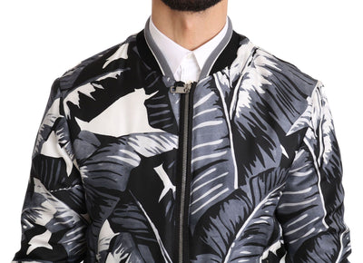 Veste bomber en soie noire à imprimé feuille de bananier Dolce &amp; Gabbana