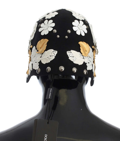 Dolce &amp; Gabbana zwarte wollen witte bloemen gouden bladhoed