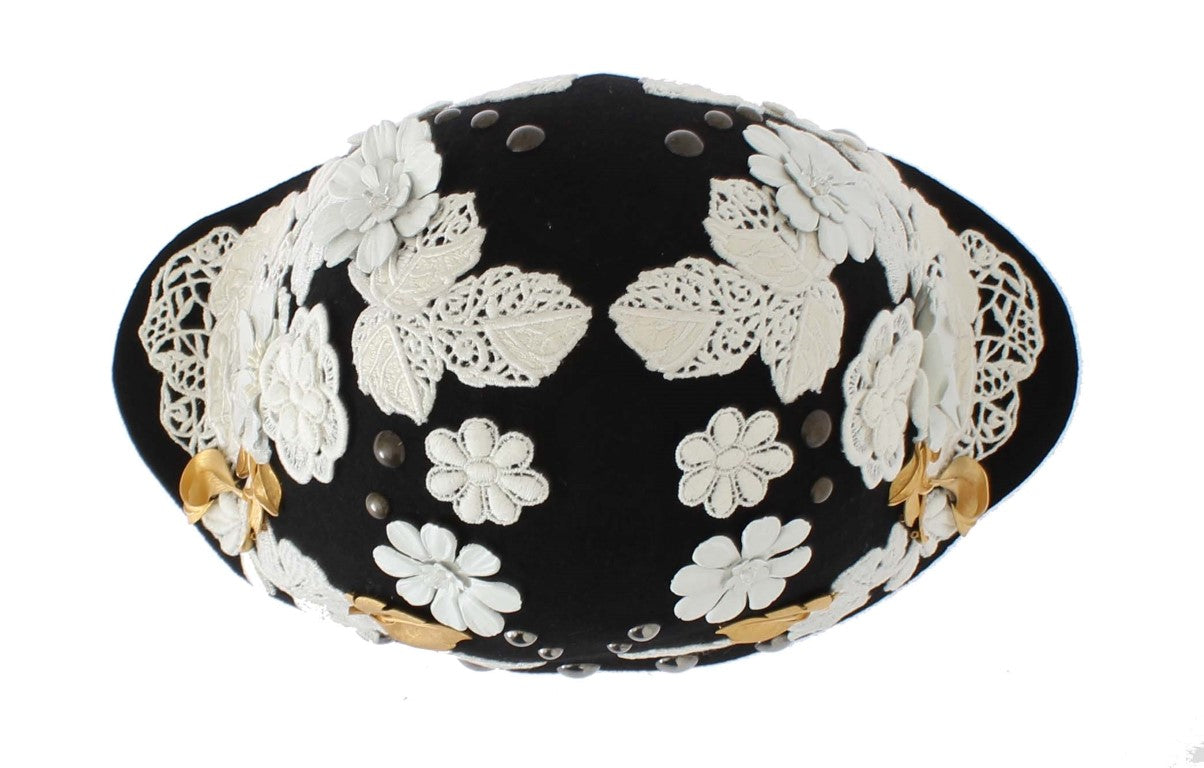 Dolce &amp; Gabbana zwarte wollen witte bloemen gouden bladhoed