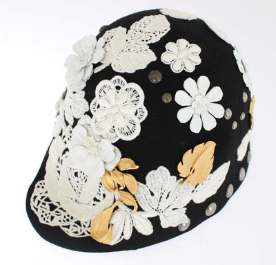 Dolce &amp; Gabbana zwarte wollen witte bloemen gouden bladhoed