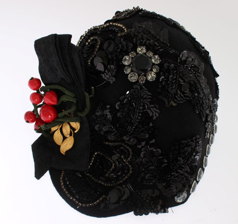 Dolce &amp; Gabbana Zwarte Kristallen Gouden Kersen Broche Hoed