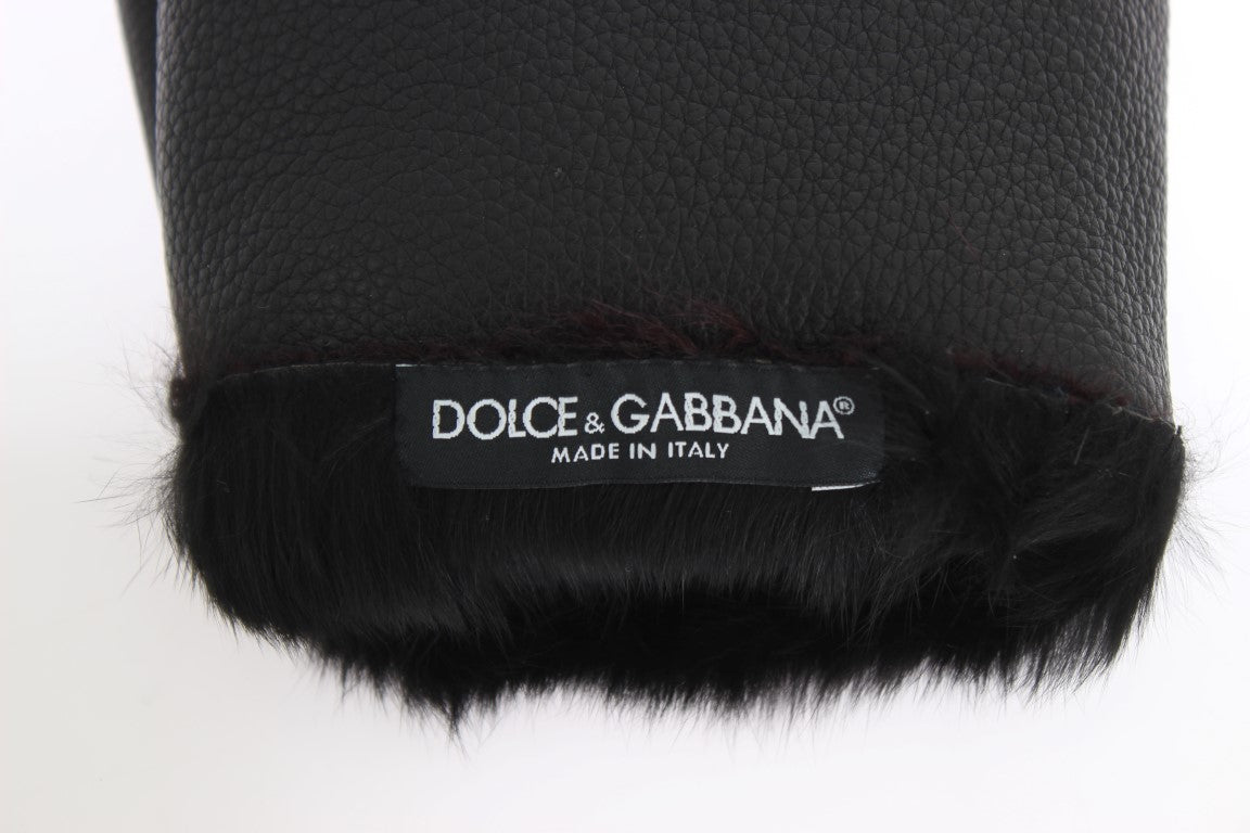 Gants Dolce &amp; Gabbana en cuir noir et peau lainée bordeaux