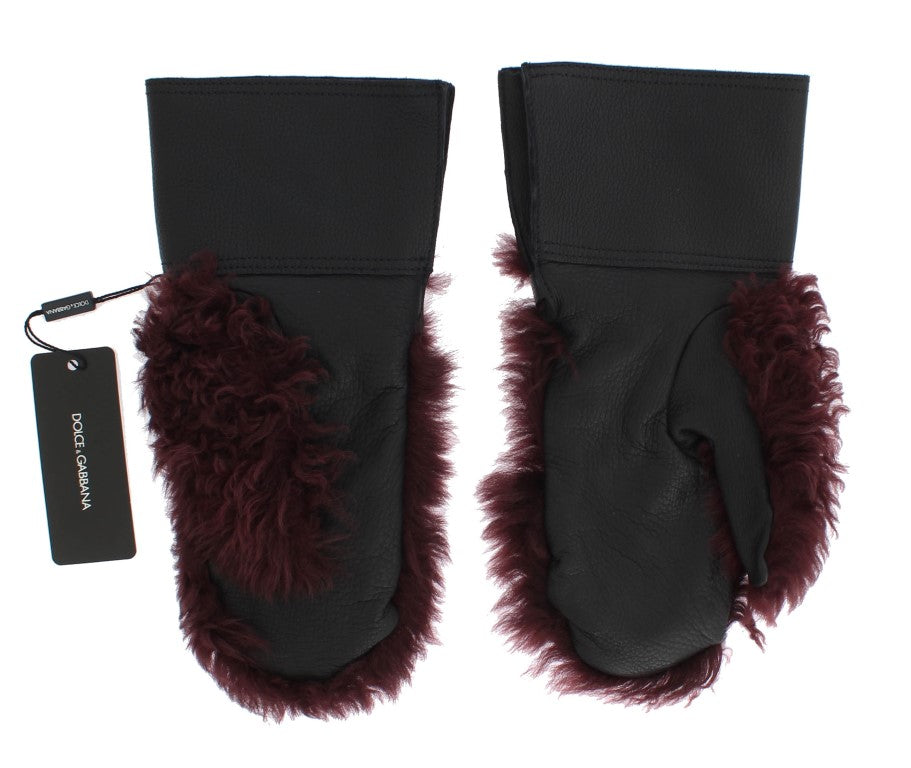 Gants Dolce &amp; Gabbana en cuir noir et peau lainée bordeaux