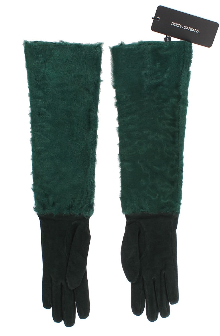 Dolce &amp; Gabbana Groene Leren Xiangao Bont Elleboog Handschoenen