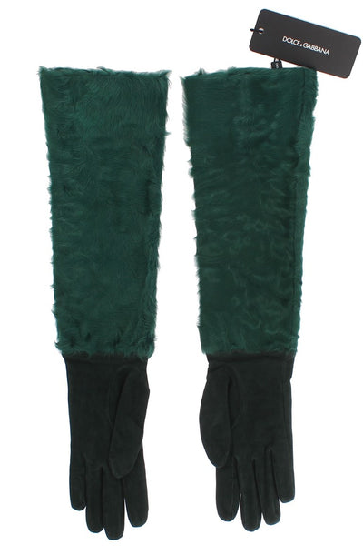 Dolce &amp; Gabbana Groene Leren Xiangao Bont Elleboog Handschoenen
