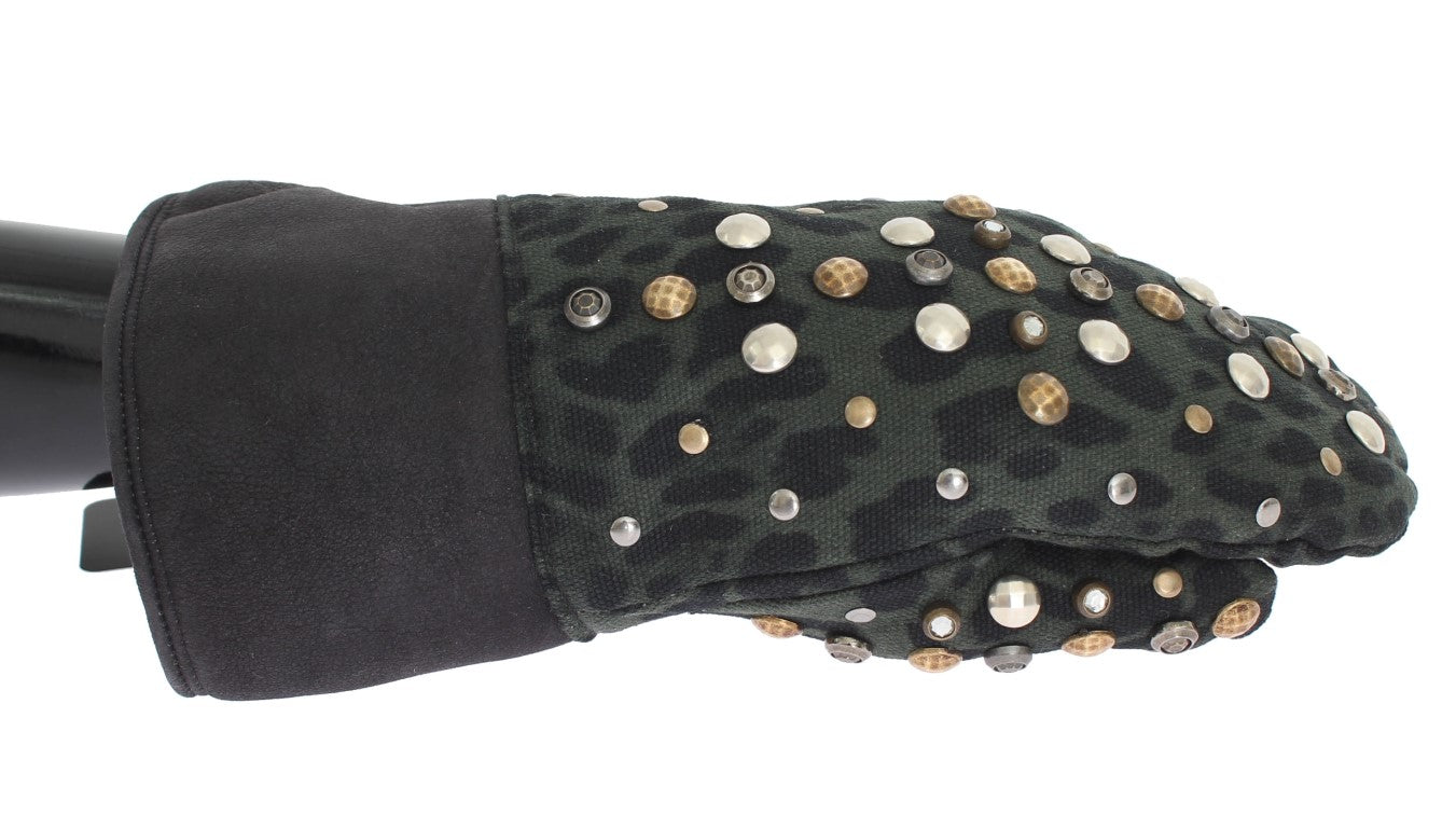 Gants Dolce &amp; Gabbana en peau de mouton grise et léopard vert clouté